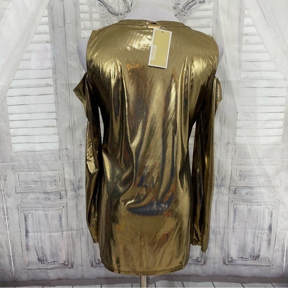 Michael Kors Gold Black Long Sleeve Cold Shoulder Shirt Long Sleeve Blouse Foil - Picture 9 of 12